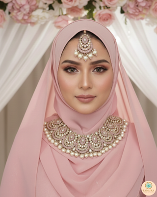 Pearly Antique Gold Necklace Set (Necklace, Earrings, Tikka) - Golden / Baby Pink