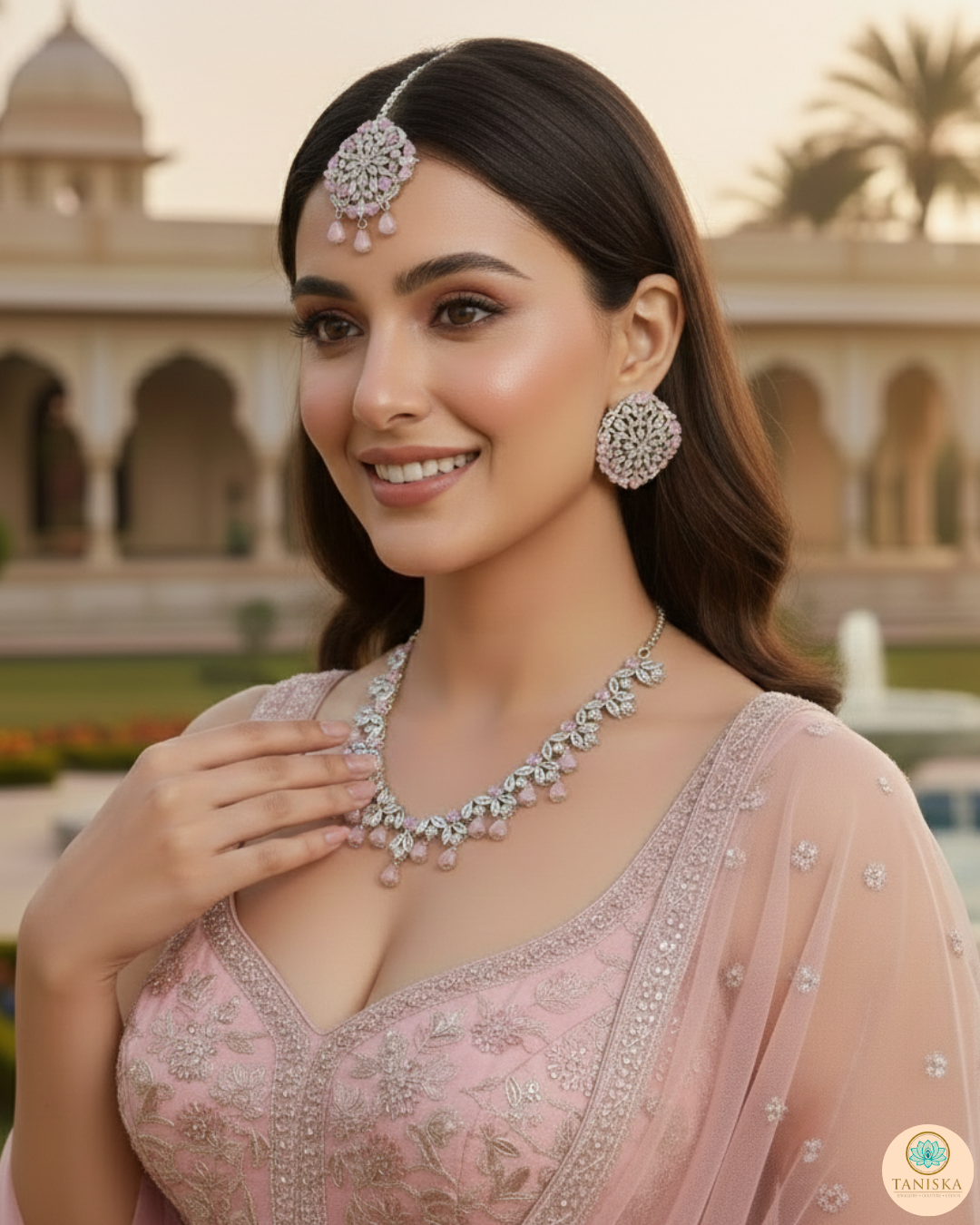 American Diamond Style Necklace Set - Silver/Baby Pink