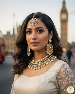 Pearly Antique Gold Necklace Set (Necklace, Earrings, Tikka) - Golden