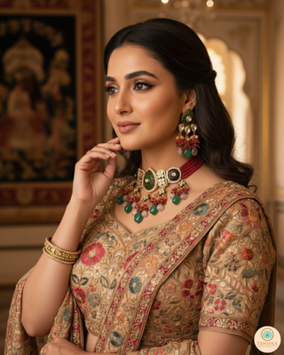 ZOYA Emerald/Red/Peach Combo Kundan Necklace Set