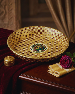Handcrafted Meenakari Choora Bowl | Traditional Peacock Design Wedding Ritual Bowl | 15.5cm Gold Enamel Bowl
