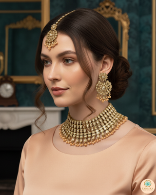 Pearly Antique Gold Necklace Set (Necklace, Earrings, Tikka) - Golden / Peach