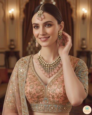 MISHA Kundan Necklace Set (Peach, Sky Blue Combo)