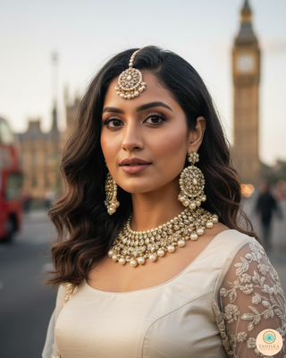 Pearly Antique Gold Necklace Set (Necklace, Earrings, Tikka) - Golden