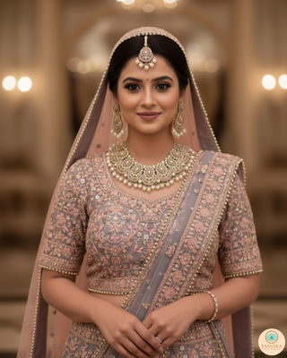 Pearly Antique Gold Necklace Set (Necklace, Earrings, Tikka) - Golden / Baby Pink