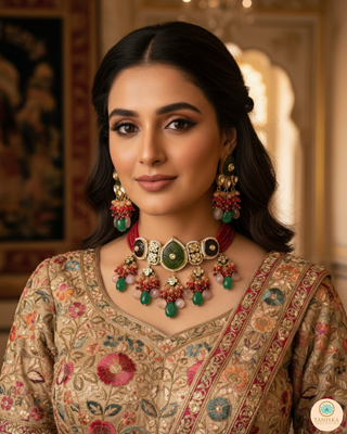 ZOYA Emerald/Red/Peach Combo Kundan Necklace Set