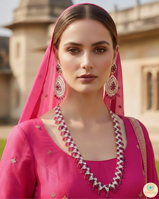 American Diamond Style, Cubic Zirconia Long Necklace Set - Rose Gold / Hot Pink