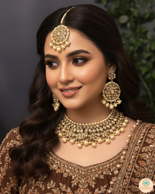 Pearly Antique Gold Necklace Set (Necklace, Earrings, Tikka) - Golden