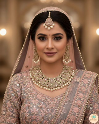 Pearly Antique Gold Necklace Set (Necklace, Earrings, Tikka) - Golden / Baby Pink