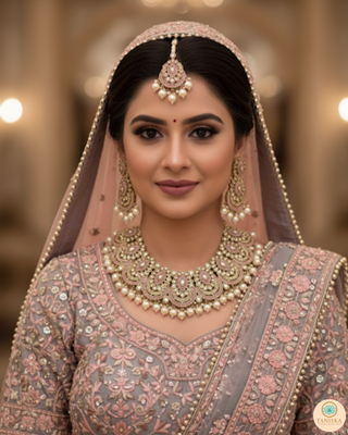 Pearly Antique Gold Necklace Set (Necklace, Earrings, Tikka) - Golden / Baby Pink