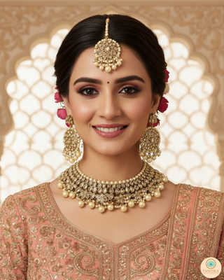 Pearly Antique Gold Necklace Set (Necklace, Earrings, Tikka) - Golden