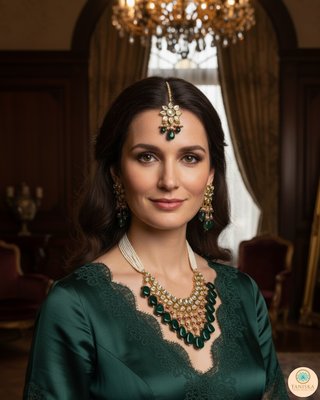 MISHA Kundan Necklace Set (Emerald, Maroon Combo)