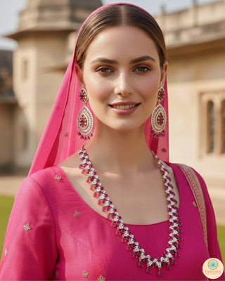 American Diamond Style, Cubic Zirconia Long Necklace Set - Rose Gold / Hot Pink