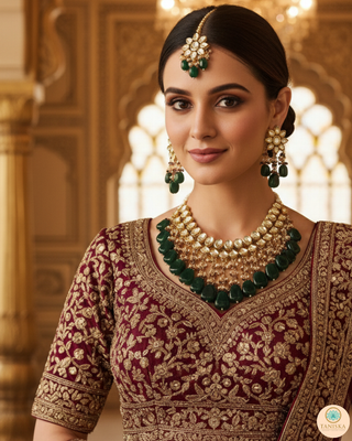 MISHA Kundan Necklace Set (Emerald, Maroon Combo)