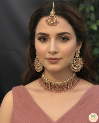 Pearly Antique Gold Necklace Set (Necklace, Earrings, Tikka) - Golden / Baby Pink