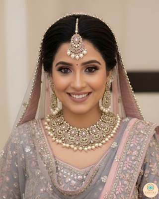 Pearly Antique Gold Necklace Set (Necklace, Earrings, Tikka) - Golden / Baby Pink