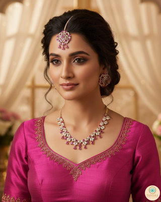 American Diamond Style Necklace Set - Rose Gold/Hot Pink