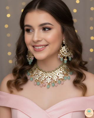 Pearly Antique Gold Necklace Set (Necklace, Earrings, Tikka) - Golden / Pink / Mint
