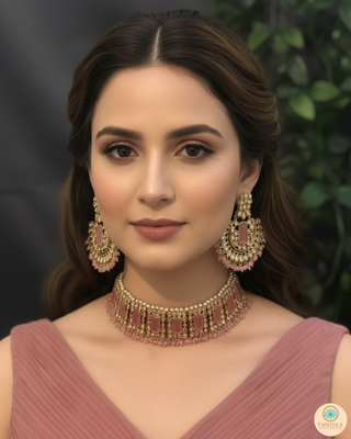 Pearly Antique Gold Necklace Set (Necklace, Earrings, Tikka) - Golden / Baby Pink