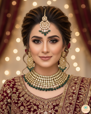 Pearly Antique Gold Necklace Set (Necklace, Earrings, Tikka) - Golden / Emerald Green