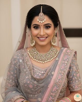 Pearly Antique Gold Necklace Set (Necklace, Earrings, Tikka) - Golden / Baby Pink
