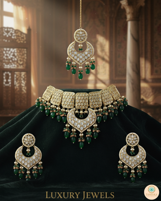 MEHAR Designer Bottle Green/Peach Kundan Necklace Set