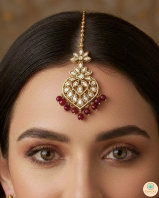 Pearly Antique Gold Necklace Set (Necklace, Earrings, Tikka) - Golden / Maroon