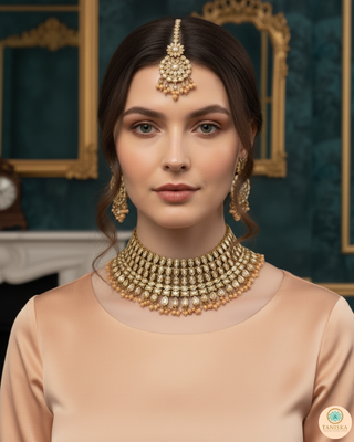 Pearly Antique Gold Necklace Set (Necklace, Earrings, Tikka) - Golden / Peach