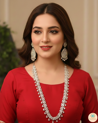 American Diamond Style, Cubic Zirconia Long Necklace Set - Silver