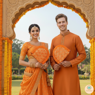 Orange Cross Stripes Punjabi Pakhi (Hand Fans) - Pack of 2
