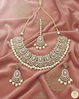 Pearly Antique Gold Necklace Set (Necklace, Earrings, Tikka) - Golden / Baby Pink