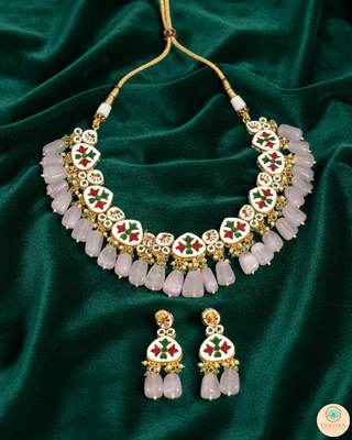 MEEREN Kundan Choker Necklace Set (Baby Pink. Mint Combo)
