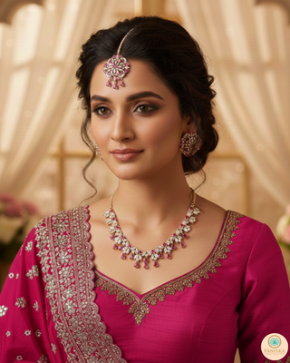 American Diamond Style Necklace Set - Rose Gold/Hot Pink