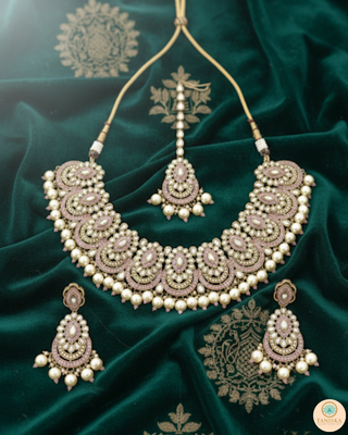 Pearly Antique Gold Necklace Set (Necklace, Earrings, Tikka) - Golden / Baby Pink