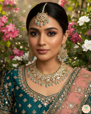 Pearly Antique Gold Necklace Set (Necklace, Earrings, Tikka) - Golden / Pink / Mint