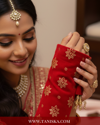 Luxury Red Velvet Chooda Covers with Gold Floral Print – Bridal Hand Accessories