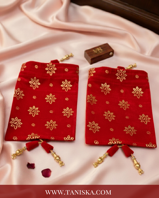 Luxury Red Velvet Chooda Covers with Gold Floral Print – Bridal Hand Accessories