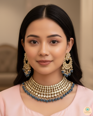 Pearly Antique Gold Necklace Set (Necklace, Earrings, Tikka) - Golden / Blue
