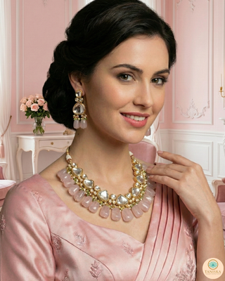 MEEREN Kundan Choker Necklace Set (Baby Pink. Mint Combo)