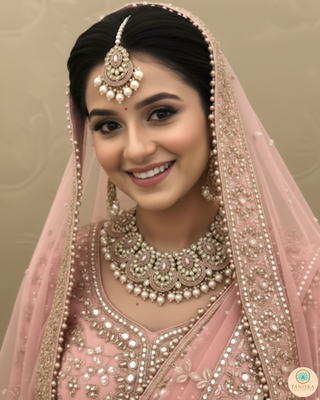 Pearly Antique Gold Necklace Set (Necklace, Earrings, Tikka) - Golden / Baby Pink