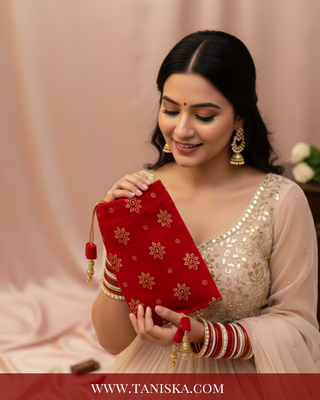 Luxury Red Velvet Chooda Covers with Gold Floral Print – Bridal Hand Accessories