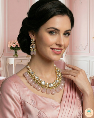 MEEREN Kundan Choker Necklace Set (Baby Pink. Mint Combo)