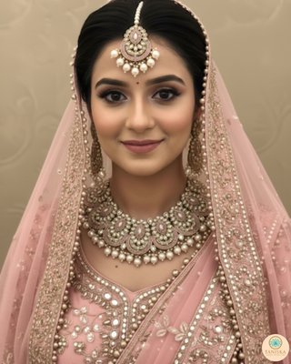 Pearly Antique Gold Necklace Set (Necklace, Earrings, Tikka) - Golden / Baby Pink