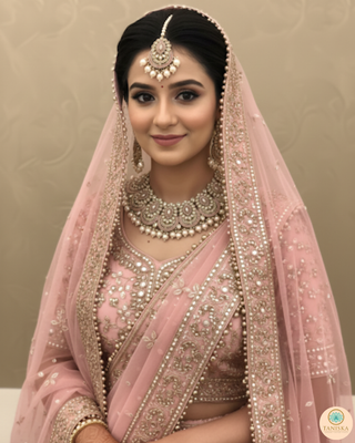 Pearly Antique Gold Necklace Set (Necklace, Earrings, Tikka) - Golden / Baby Pink