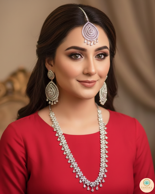 American Diamond Style, Cubic Zirconia Long Necklace Set - Silver