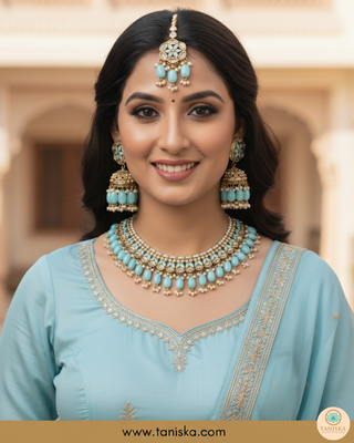 Baby Blue Traditional Necklace Set - Antique Gold
