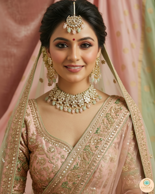 Pearly Antique Gold Necklace Set (Necklace, Earrings, Tikka) - Golden / Pink / Mint