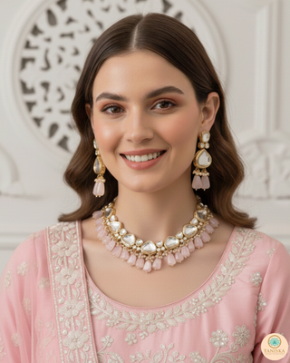 MEEREN Kundan Choker Necklace Set (Baby Pink)