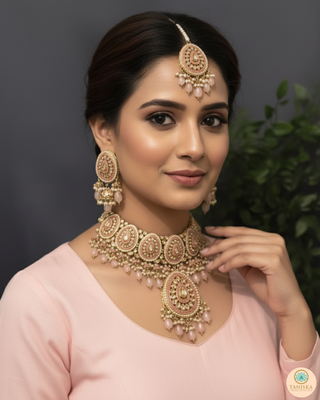 Pearly Antique Gold Necklace Set (Necklace, Earrings, Tikka) - Golden / Baby Pink