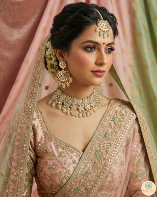 Pearly Antique Gold Necklace Set (Necklace, Earrings, Tikka) - Golden / Pink / Mint